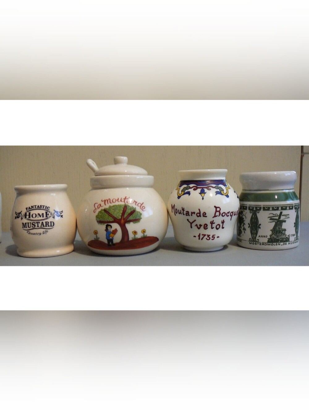 4 Vintage Mustard Jars Bocquet Yvetot,Echte Zaanse Holland ++